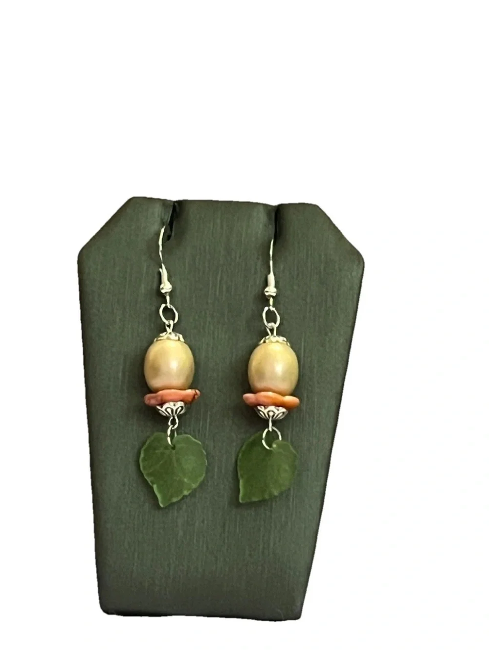 Handcrafted Green Glass Leaf Drop Earrings Floral Bead Dangle Silver Fall Vibe